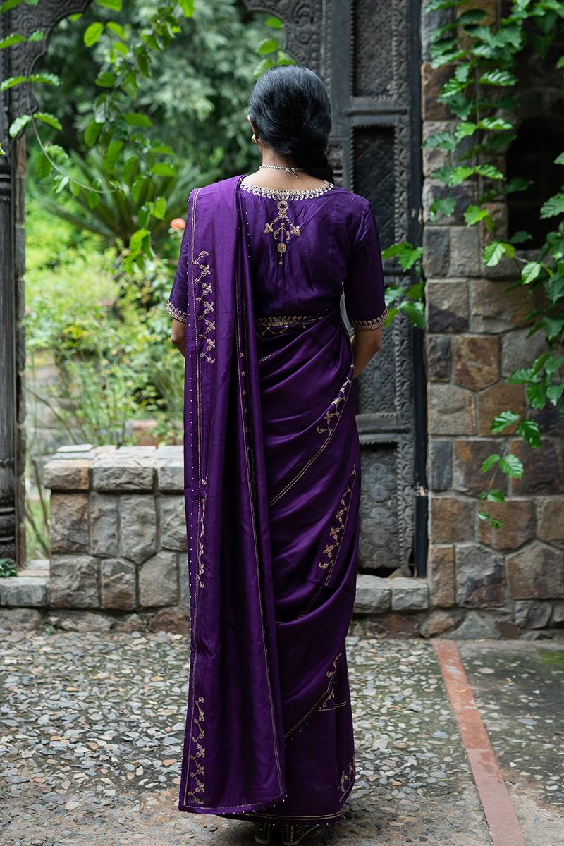 Violet hand interval embroidered saree with blouse (Set of 2)