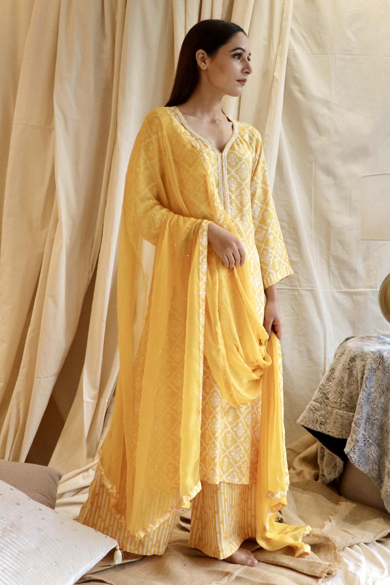 sunshine yellow hand embroidered muslin suit set