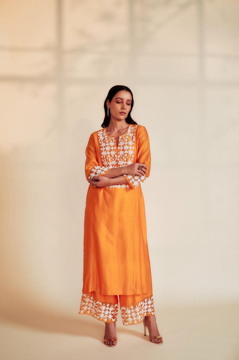 Orange Straight Silk Chanderi Kurta Set (Set of 3)