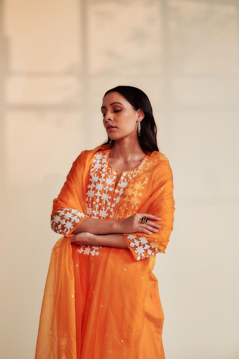 Orange Straight Silk Chanderi Kurta Set (Set of 3)