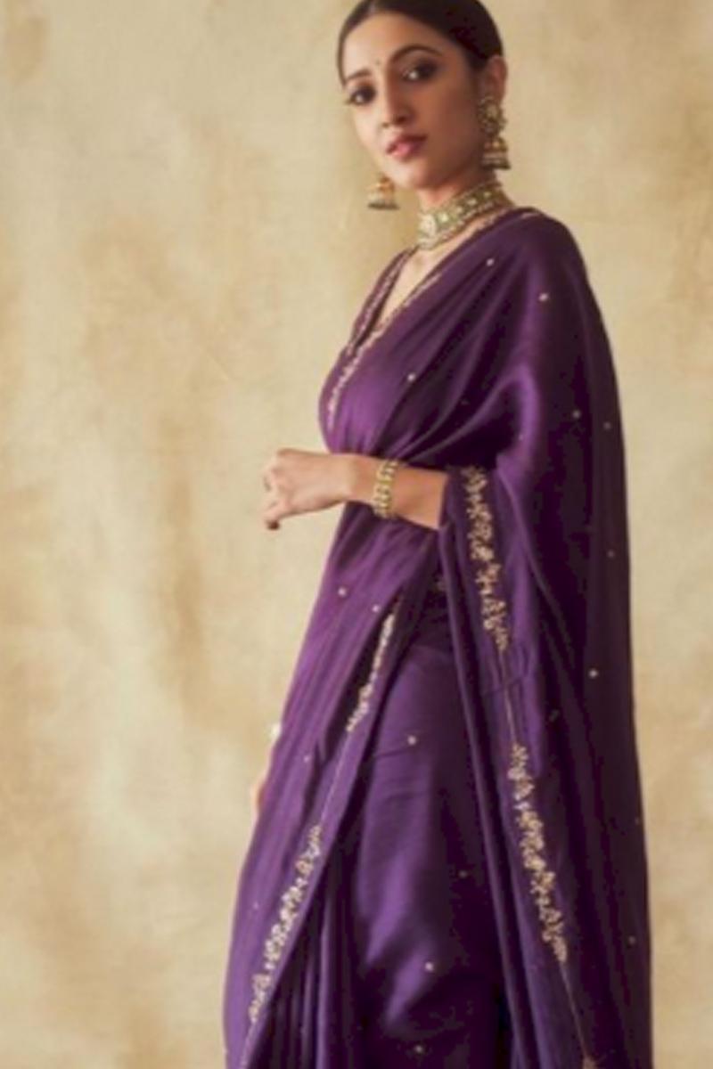 Aubergine Hand Embroidered Sari Set