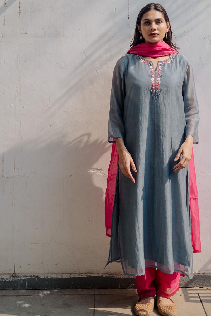 english grey and hot ink  nuetral handwoven chanderi and cotton kurta set