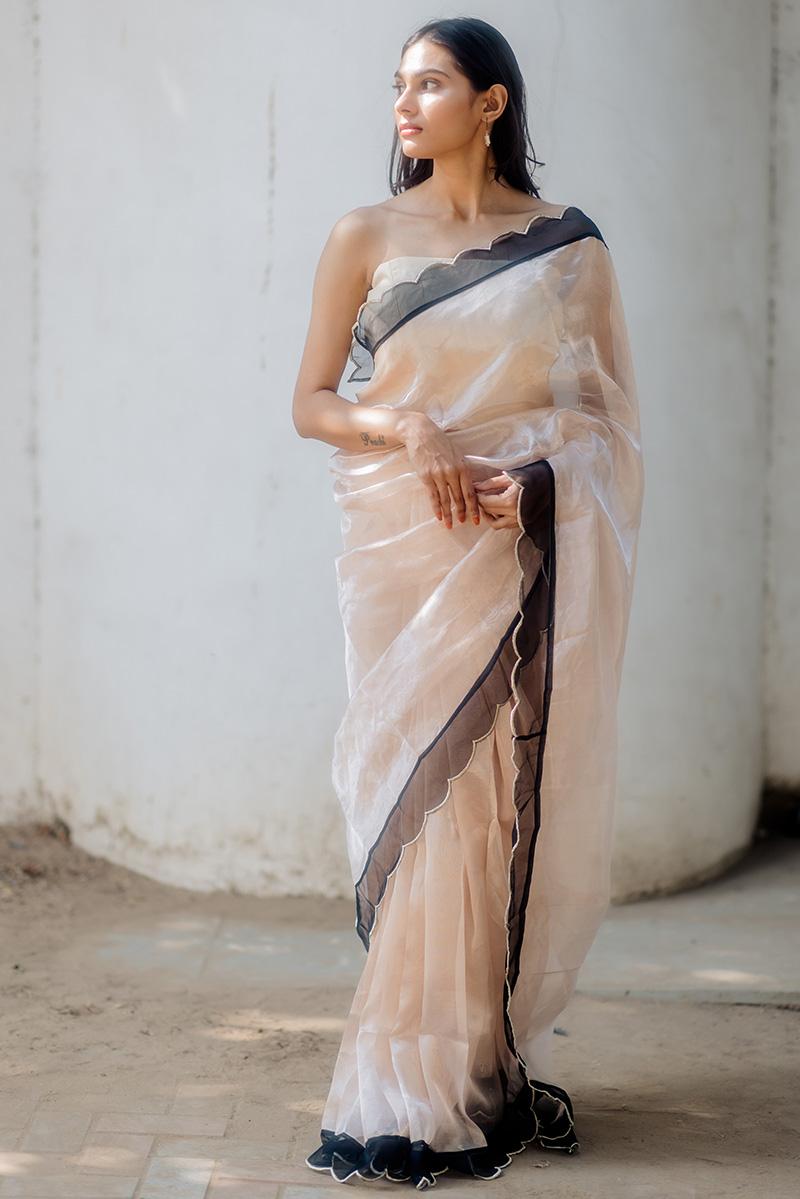 silver, champange and black nuetral handwoven tissue silk sari