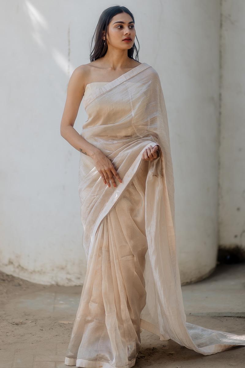 silver, champange nuetral handwoven tissue silk sari
