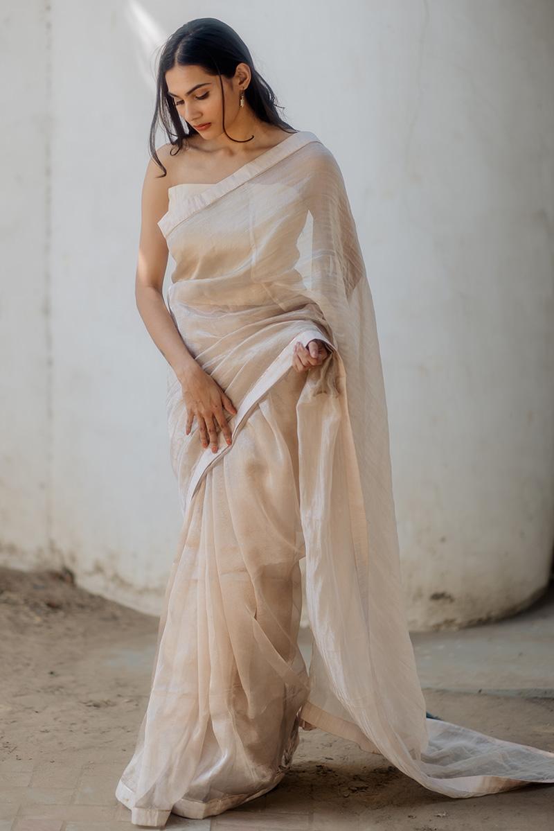silver, champange nuetral handwoven tissue silk sari