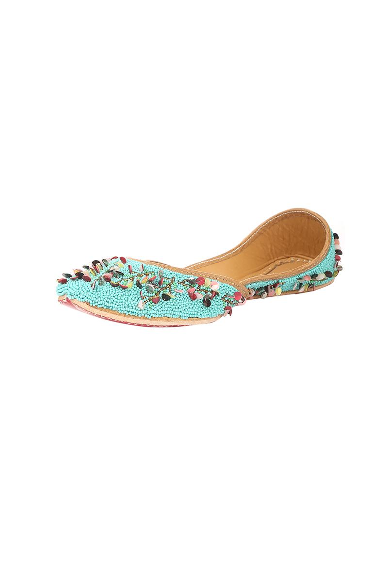 Turquoise Leather Sequins and kutdana work Jutti ( Heel Height 0.5 inch )