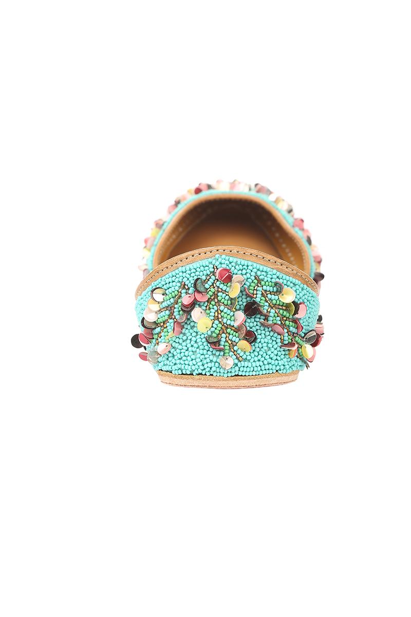 Turquoise Leather Sequins and kutdana work Jutti ( Heel Height 0.5 inch )