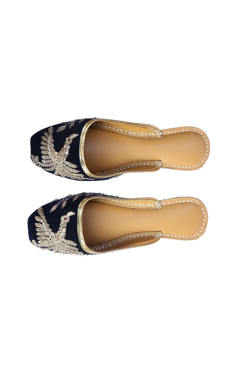 Dark blue Leather Sequins and threads work Open Mules ( Heel Height 0.5 inch )