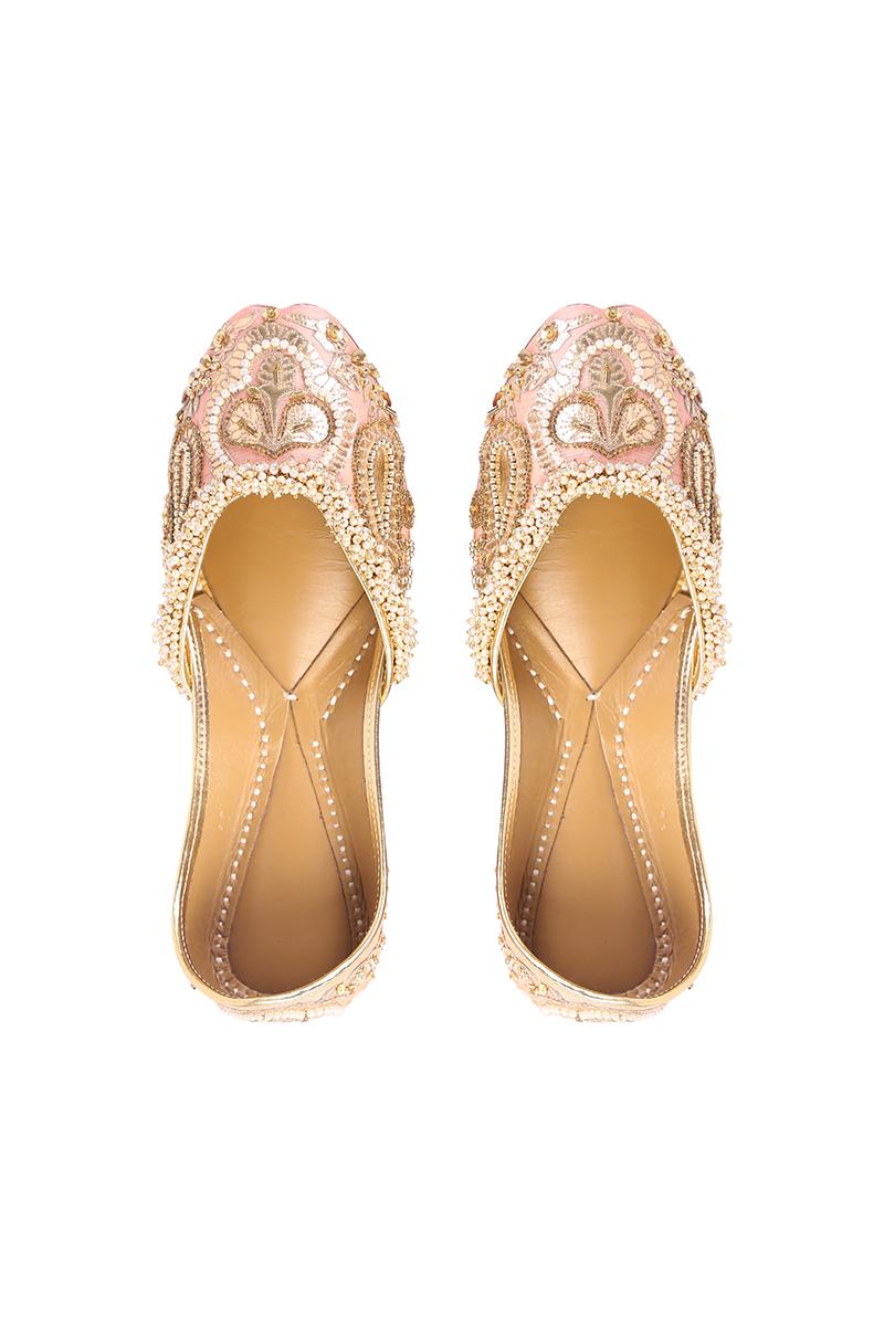 Peach Leather Sequence and mogra beads work Jutti ( Heel Height 0.5 inch )