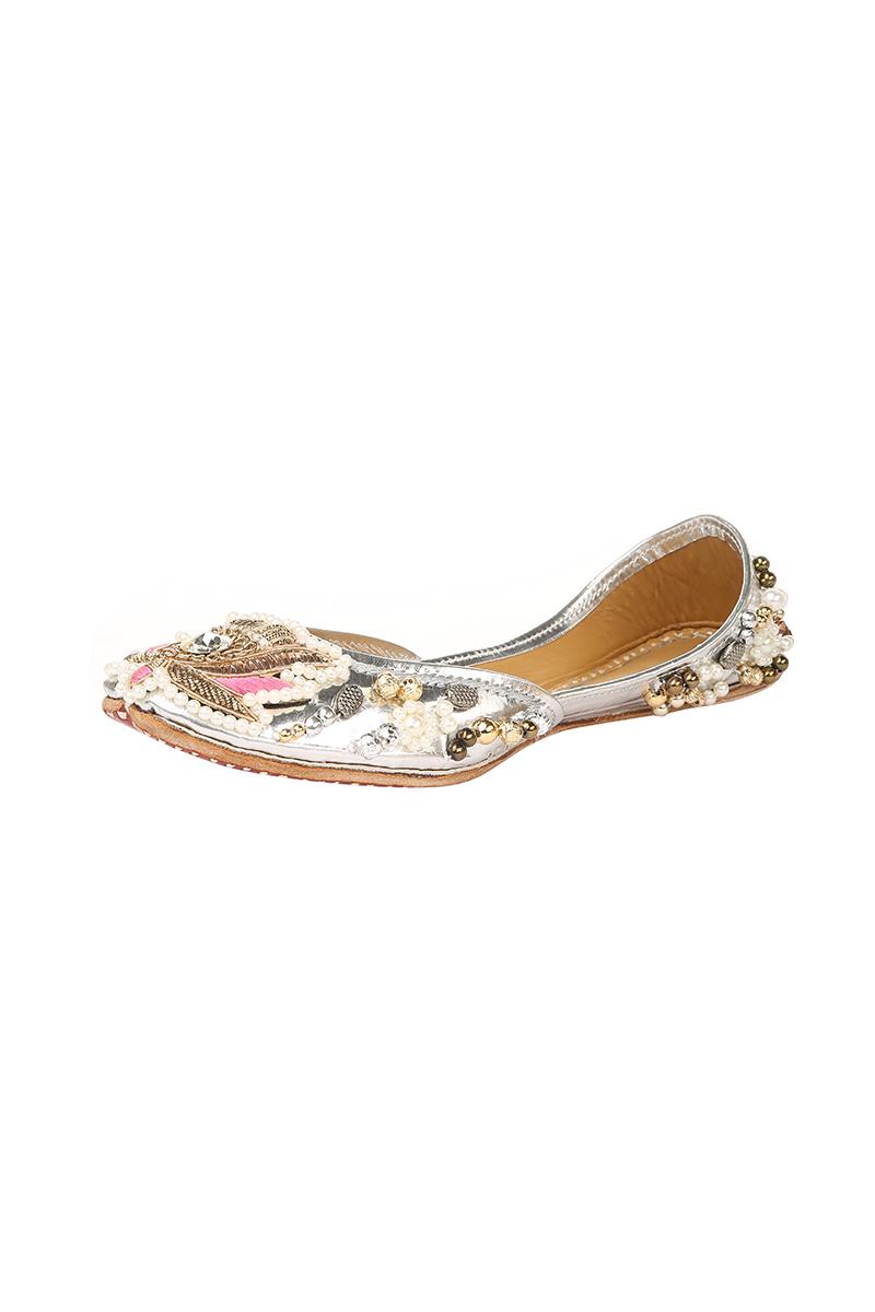 Silver Faux Leather Lotus patch, dabka beads and stone work Jutti ( Heel Height 0.5 inch )