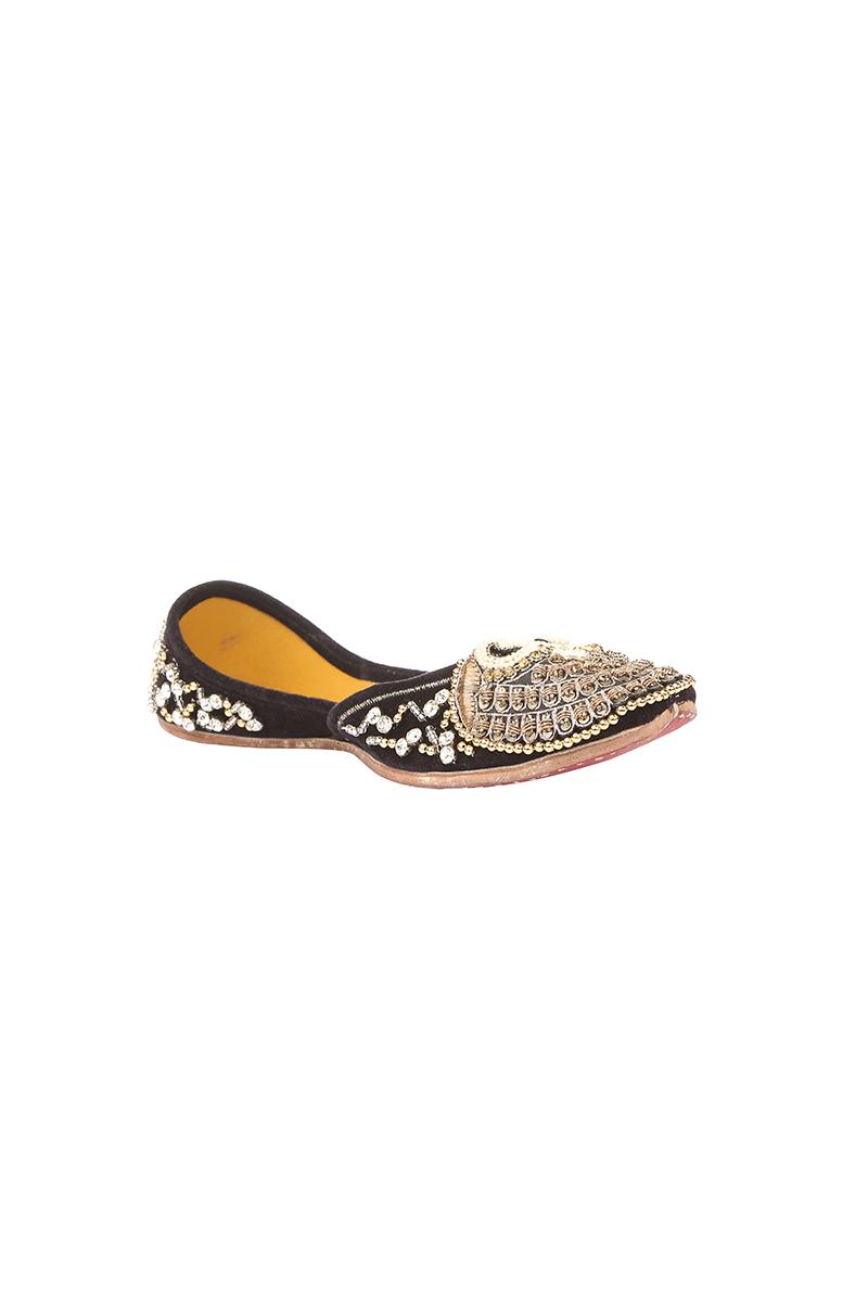 Black Leather Black velvet, crystle and gold beads work Jutti ( Heel Height 0.5 inch )