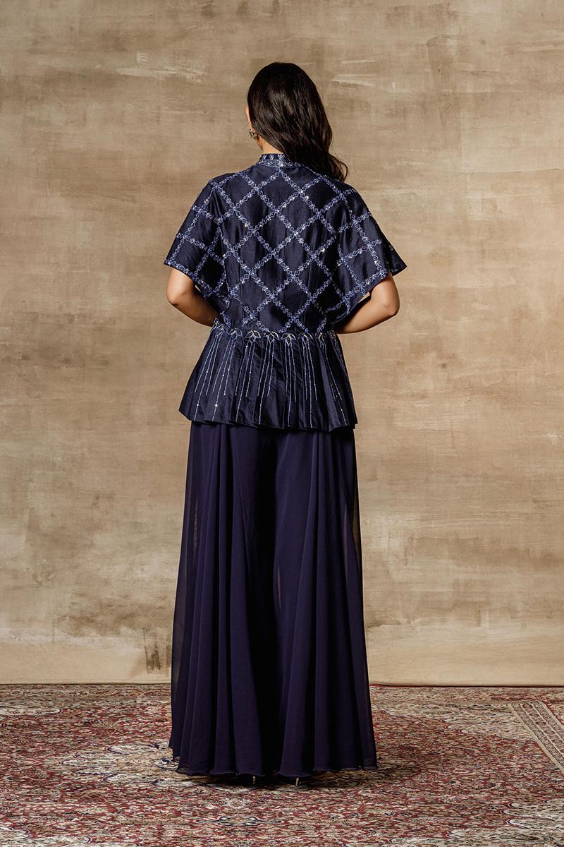 Navy blue blue embroidered peplum jacket paired with sharara