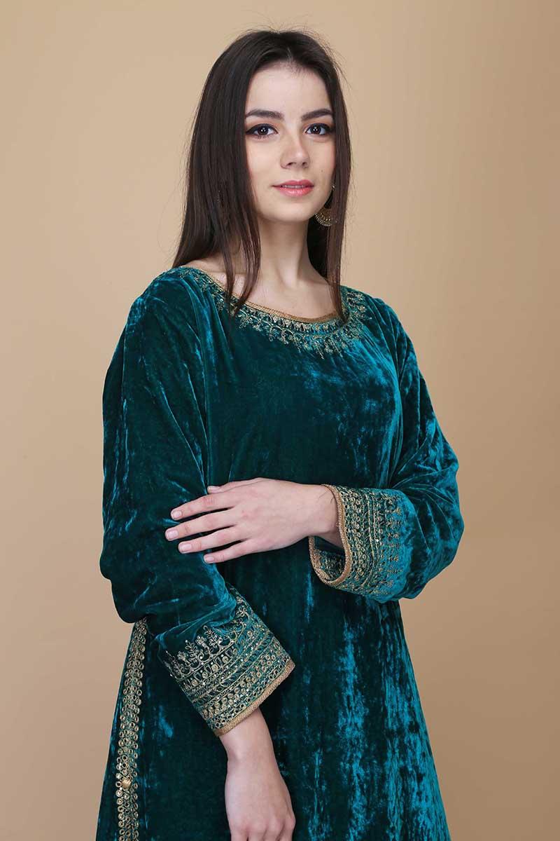 Asymmetrical velvet tunic with velvet sharara and dupatta