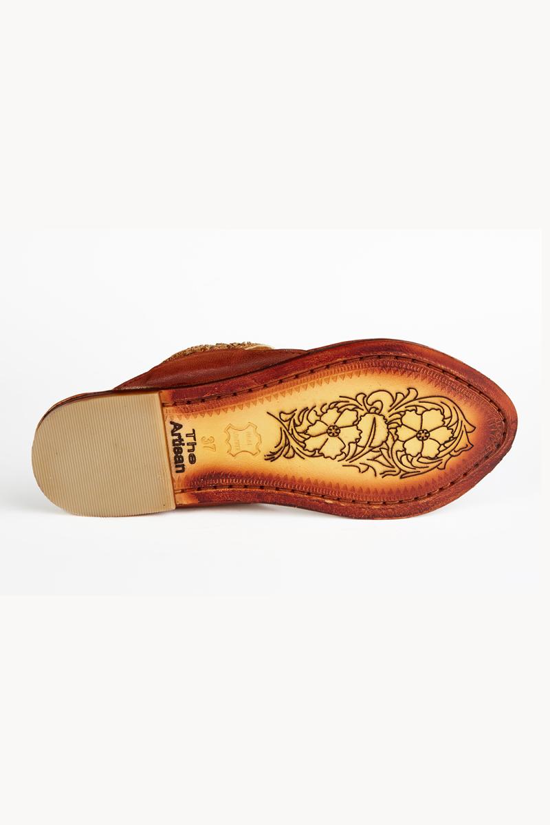 Kasha Brown Embellishment-Leather Carved Beige Kolhapuri Chappal