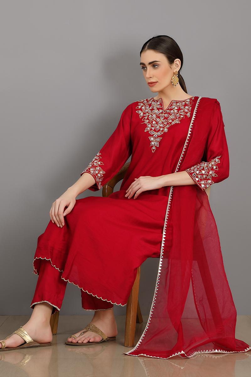 red embroidered chanderi silk mehboob kurta set