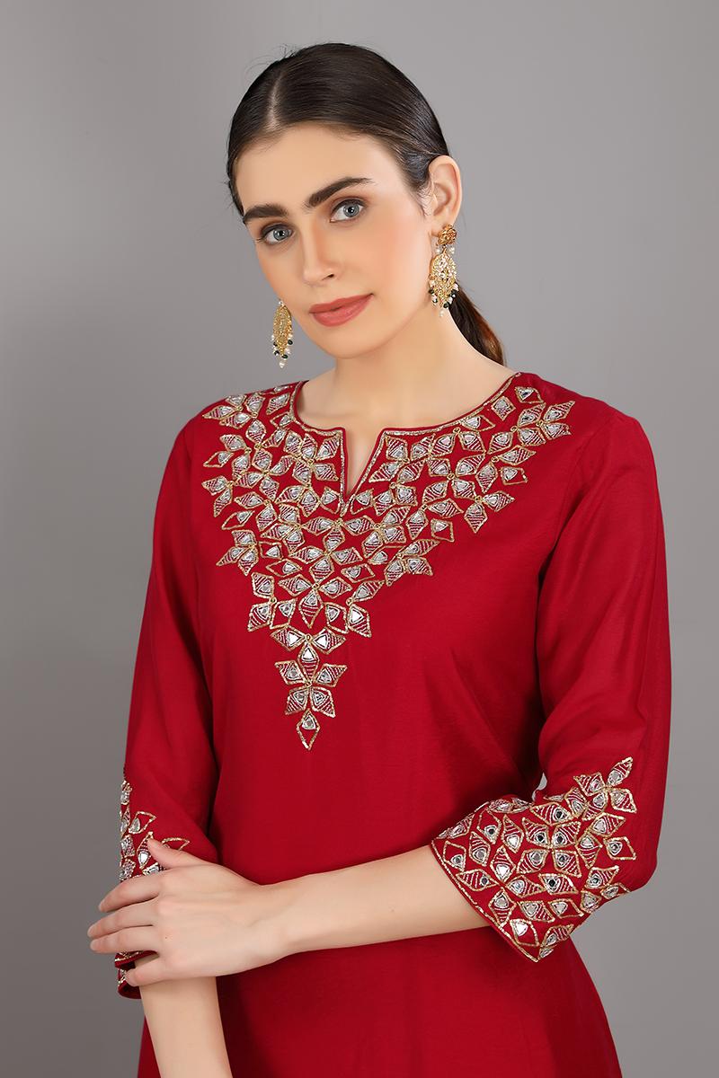 red embroidered chanderi silk mehboob kurta set