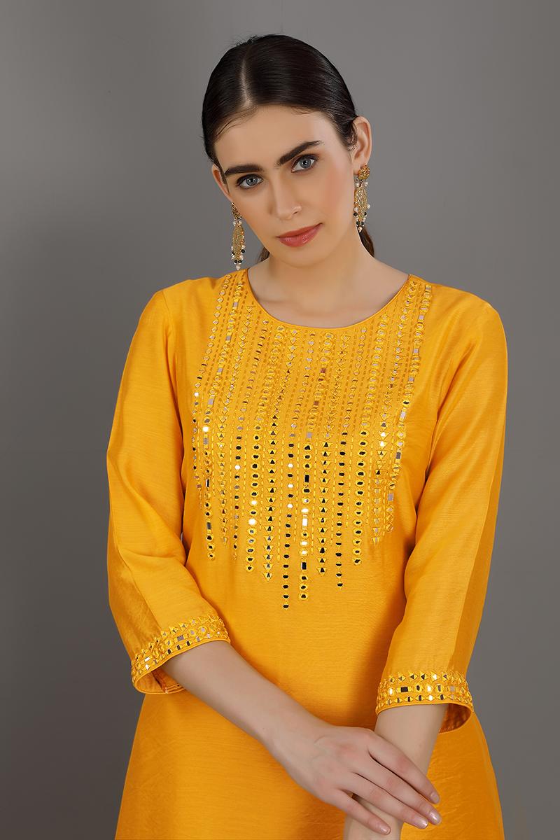 mustard  embroidered chanderi silk yahya kurta set