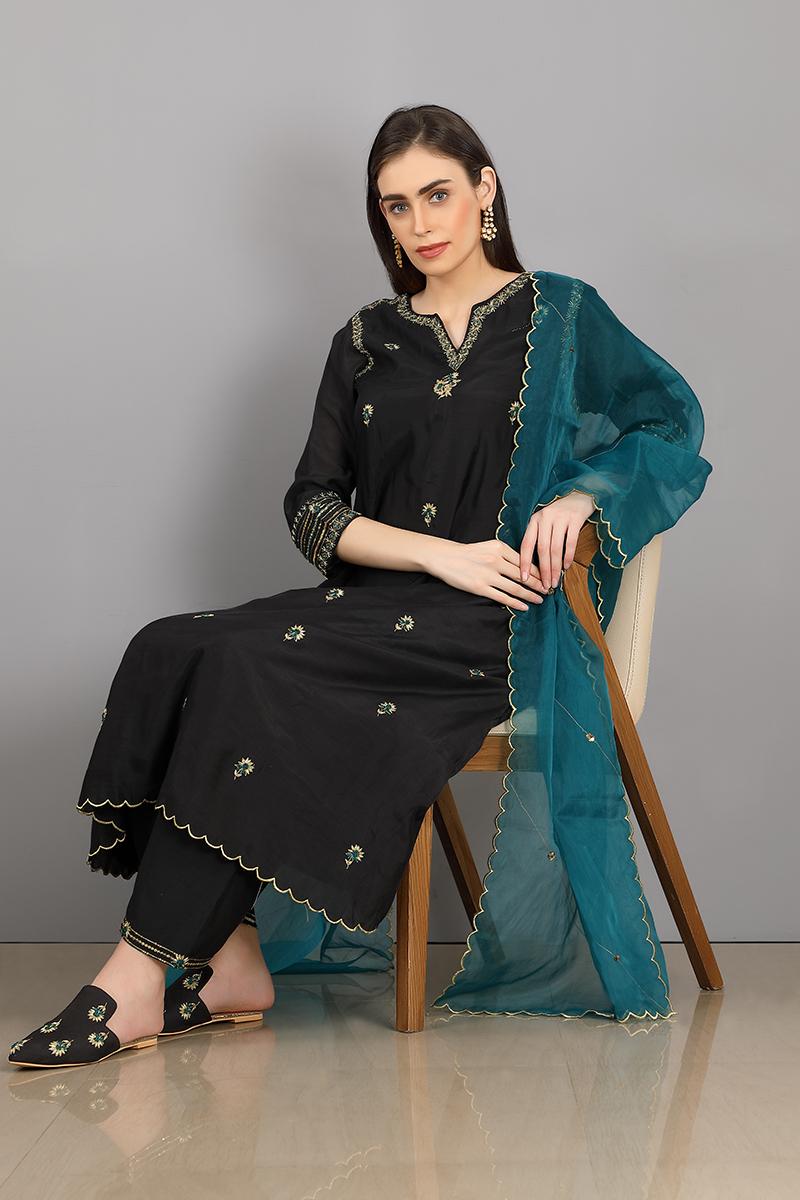 black  embroidered chanderi silk nayan kurta set