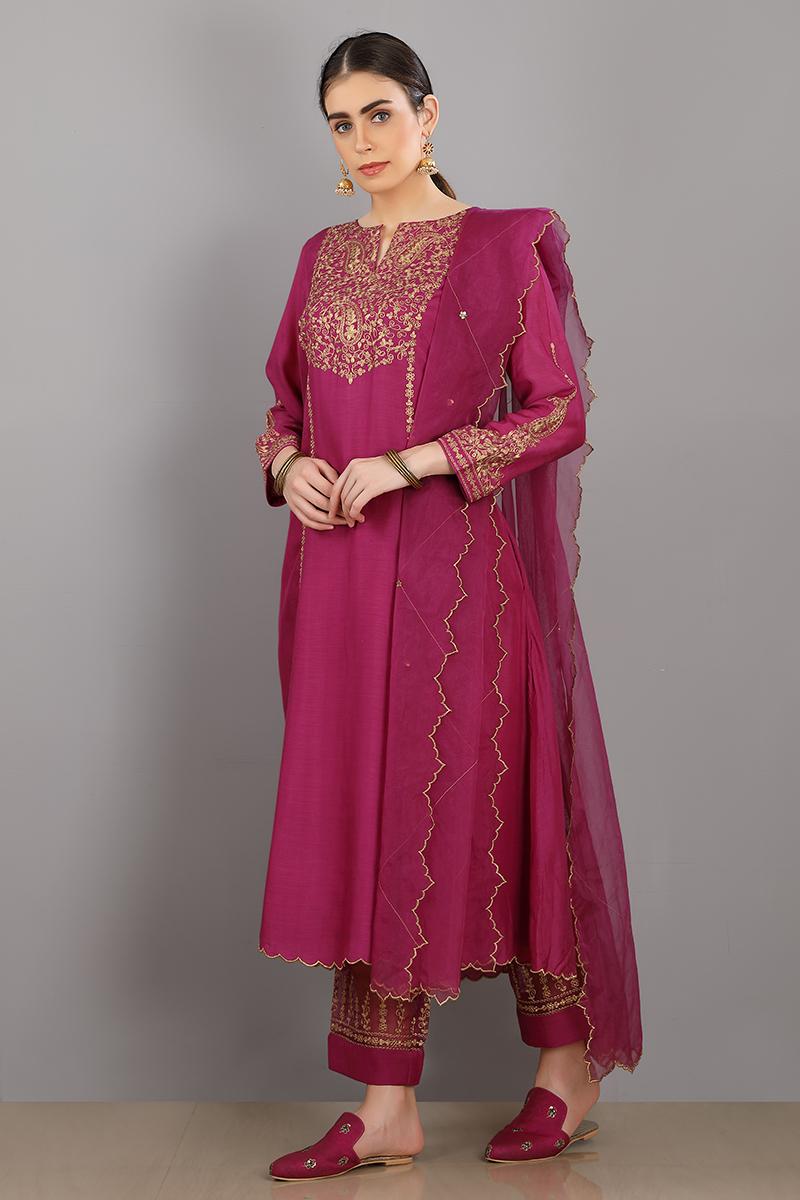 magenta embroidered chanderi silk azhar kurta set