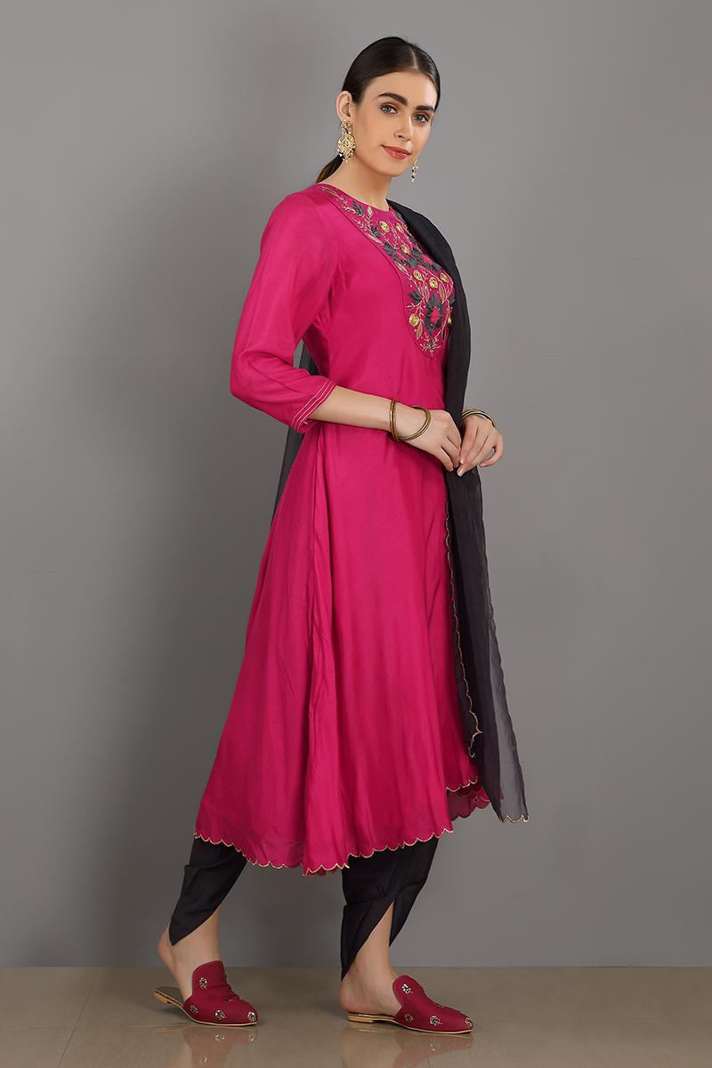 pink embroidered chanderi silk hamza kurta set