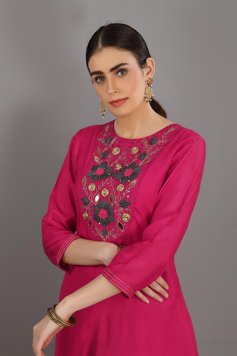 pink embroidered chanderi silk hamza kurta set