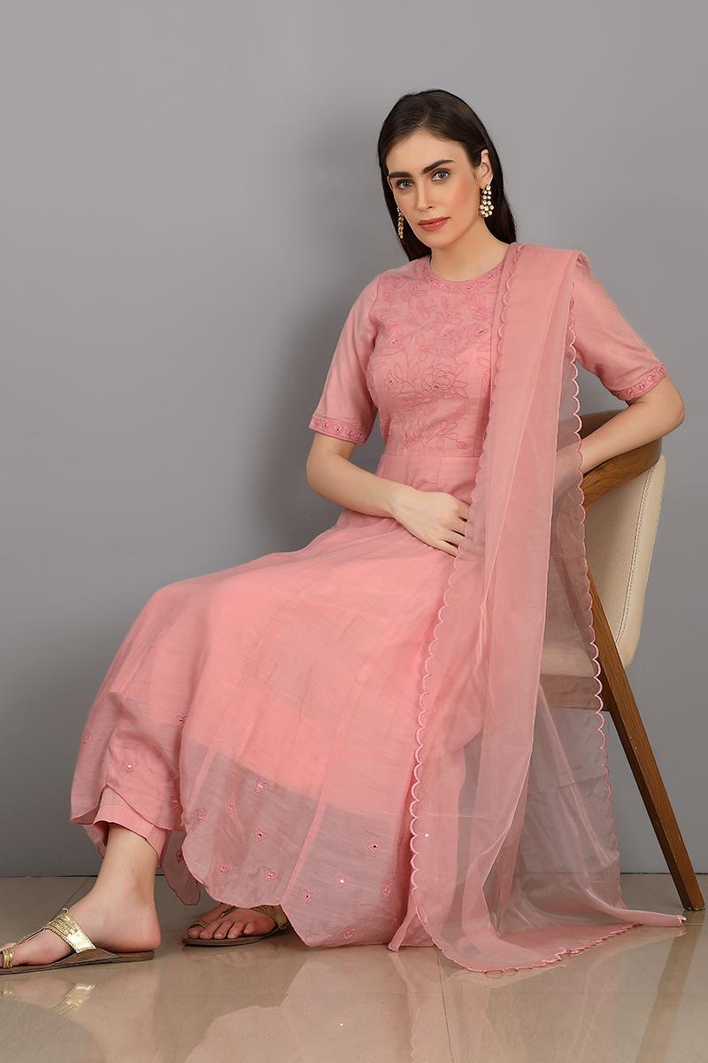 pink embroidered chanderi silk rameen kurta set