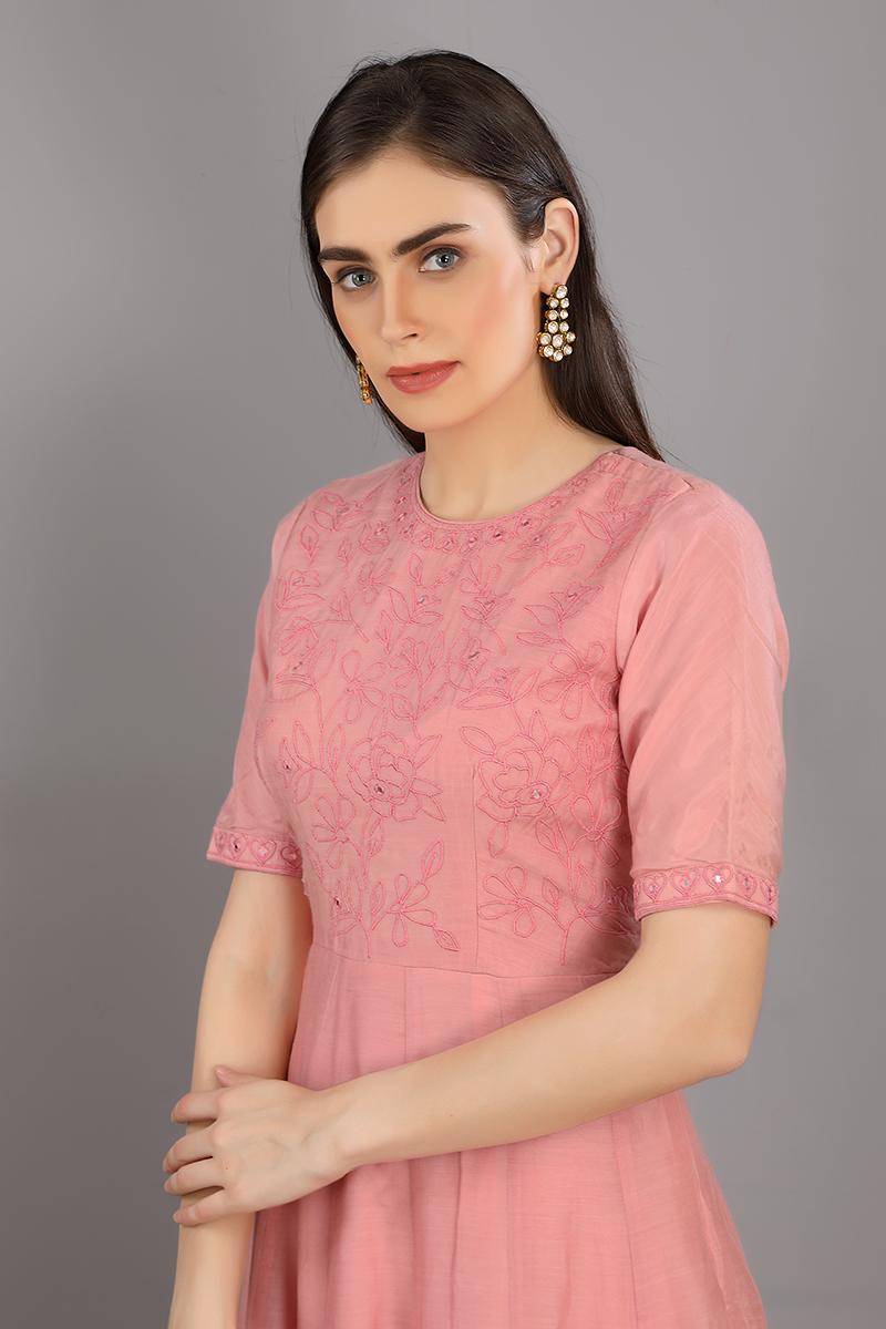 pink embroidered chanderi silk rameen kurta set