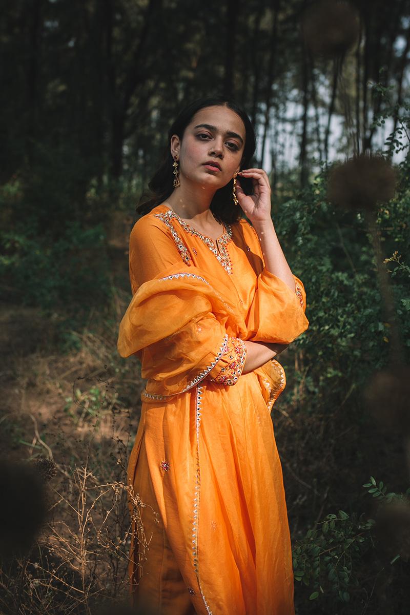 orange embroidered chanderi silk zardiyaan kurta set