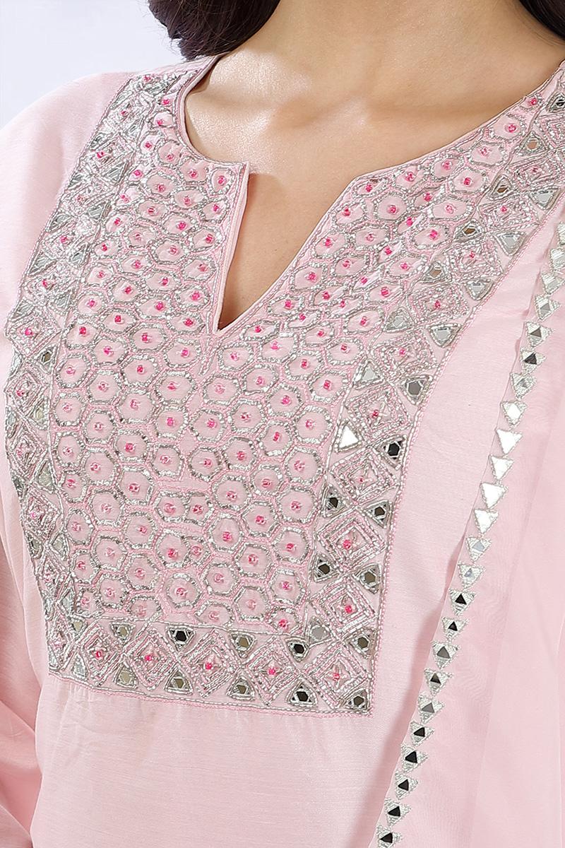 Baby Pink Embroidered Chanderi Silk Kurta Set