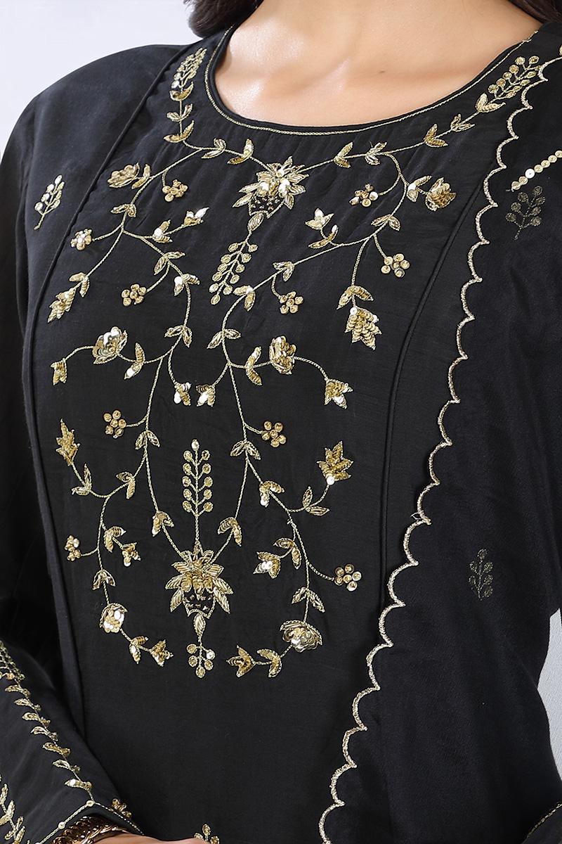 Black Embroidered Chanderi Silk Kurta Set
