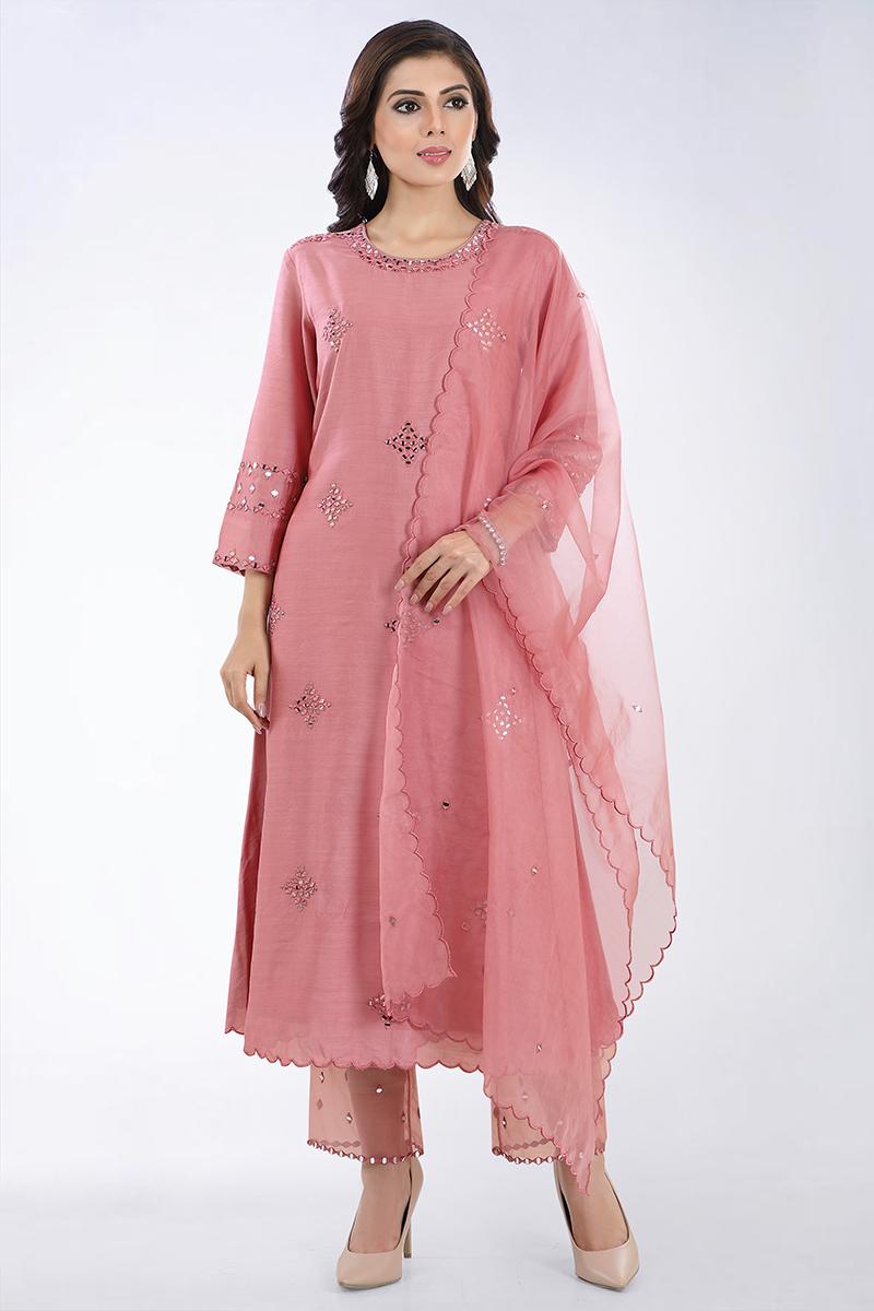Onion Pink Overall Embroidered Chanderi Silk Kurta Set