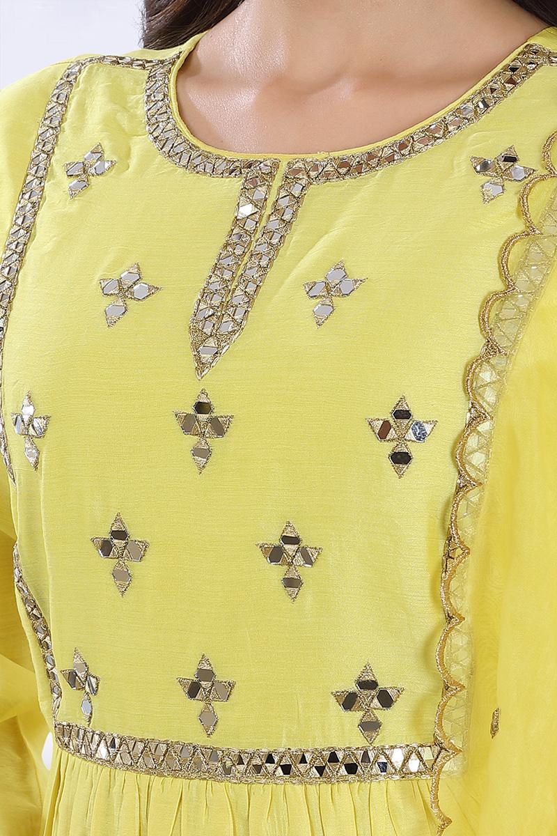 Lemon Embroidered Chanderi Silk Kurta Set