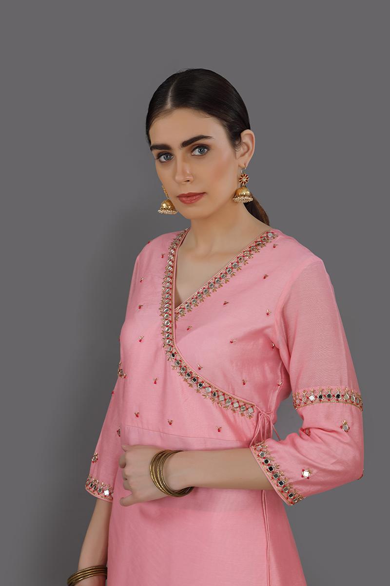 baby pink  embroidered chanderi silk rabia kurta set