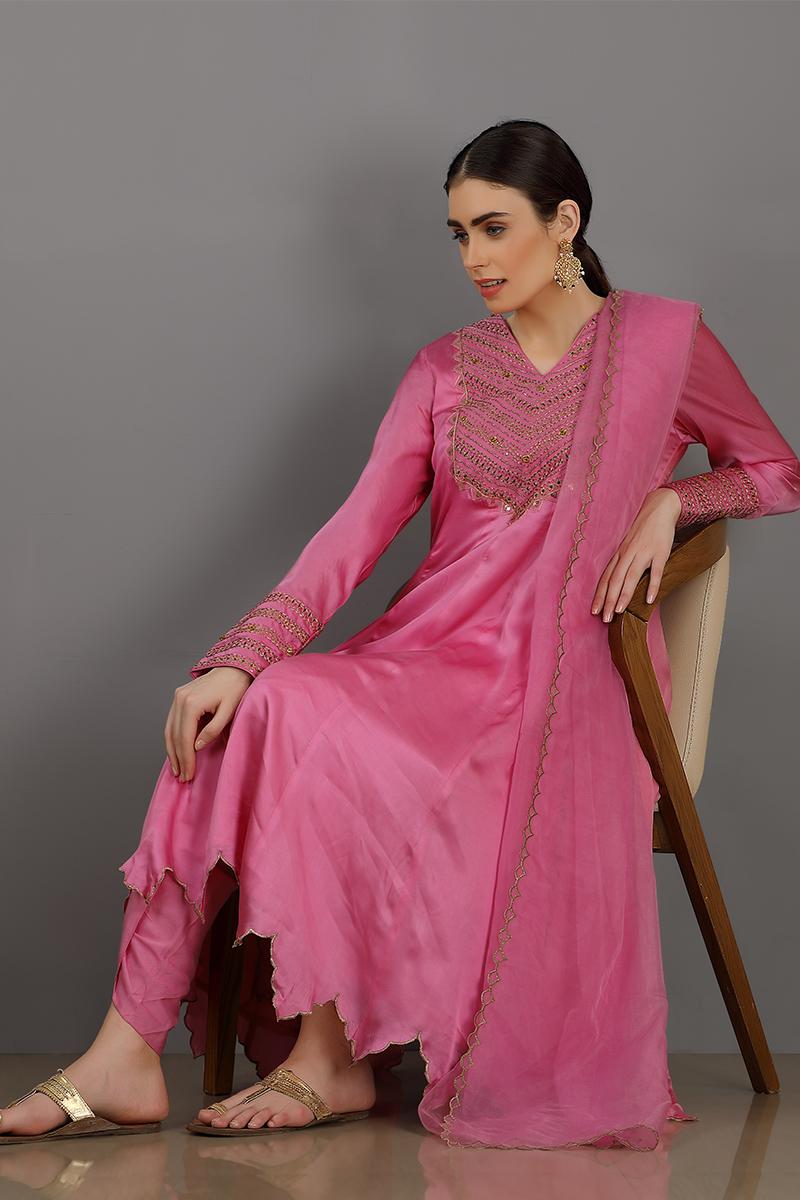 blush pink  embroidered chanderi silk faiza kurta set