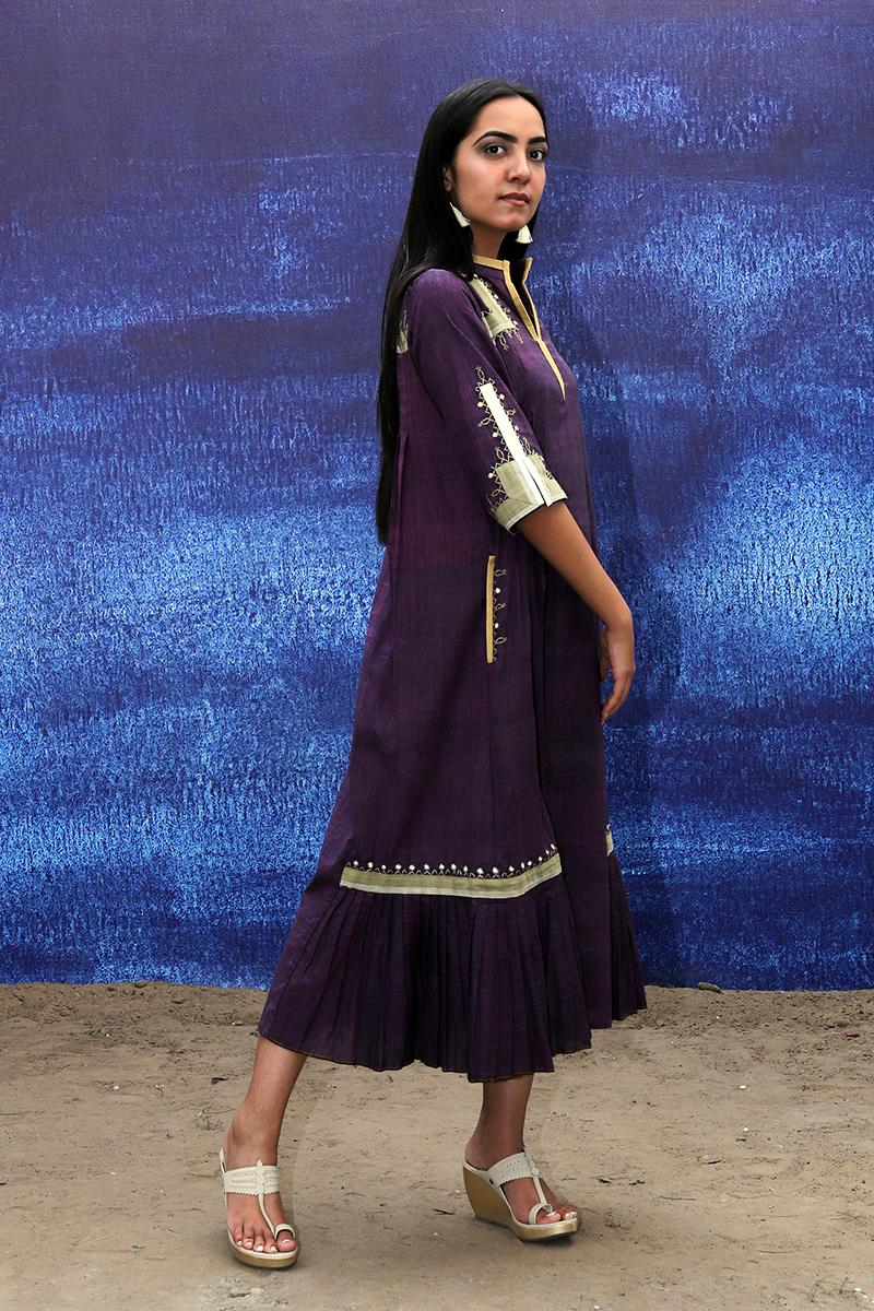 violet handwoven handspun cotton Mid Calf Length Dress