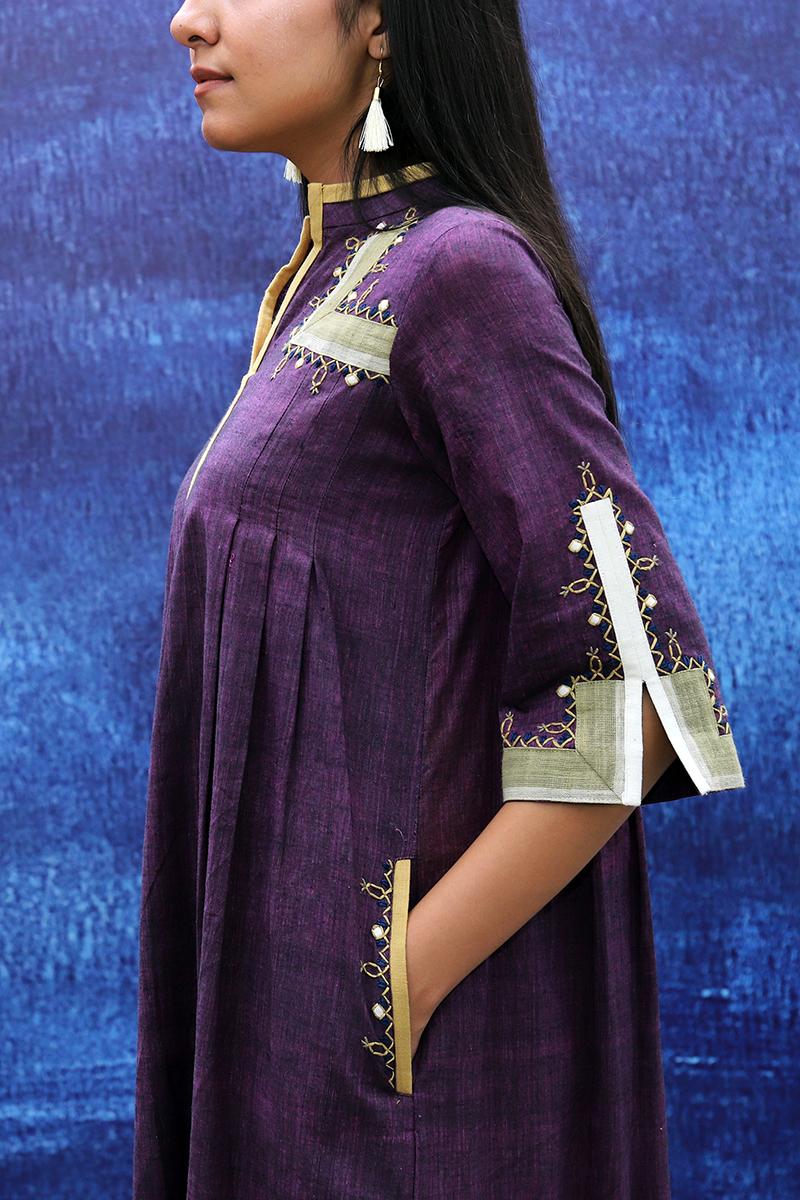 violet handwoven handspun cotton Mid Calf Length Dress
