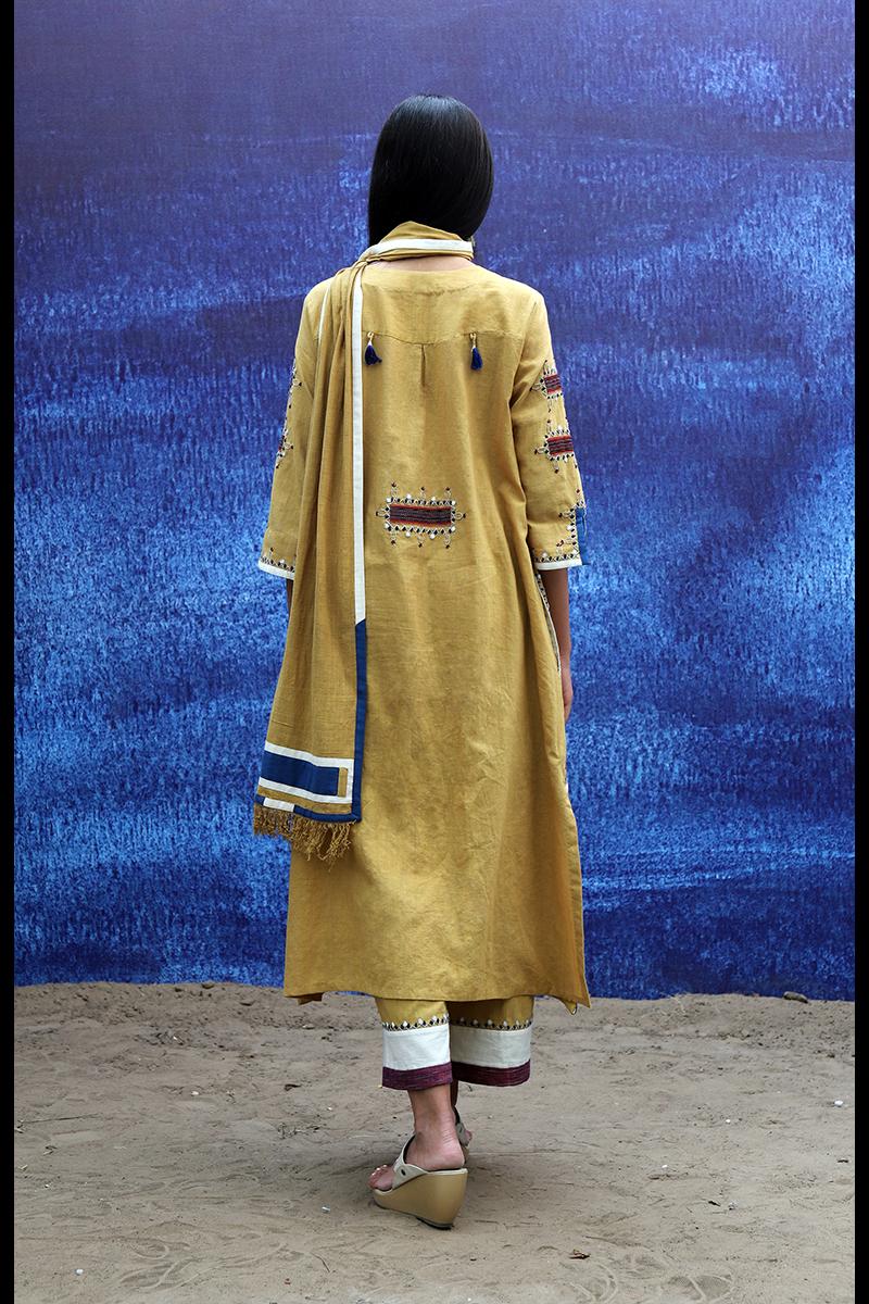 mustard yellow handwoven handspun cotton Front Open Mid Calf Length Kurta Set