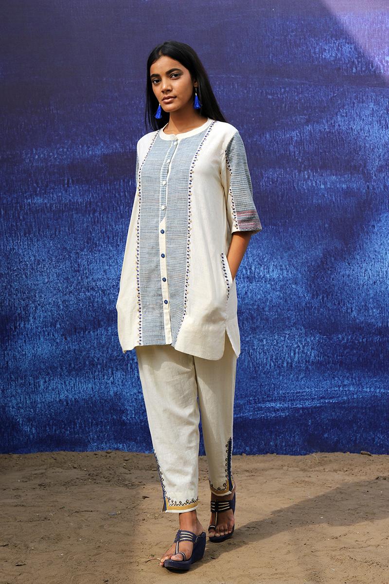 off white handwoven handspun cotton Tunic Shirt with Intricate Detailing Pants