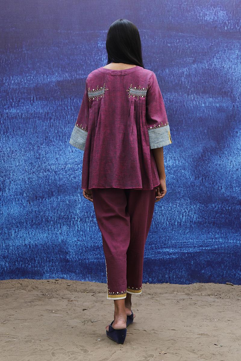 wine handwoven handspun cotton Top with Intricate Detailing Pants