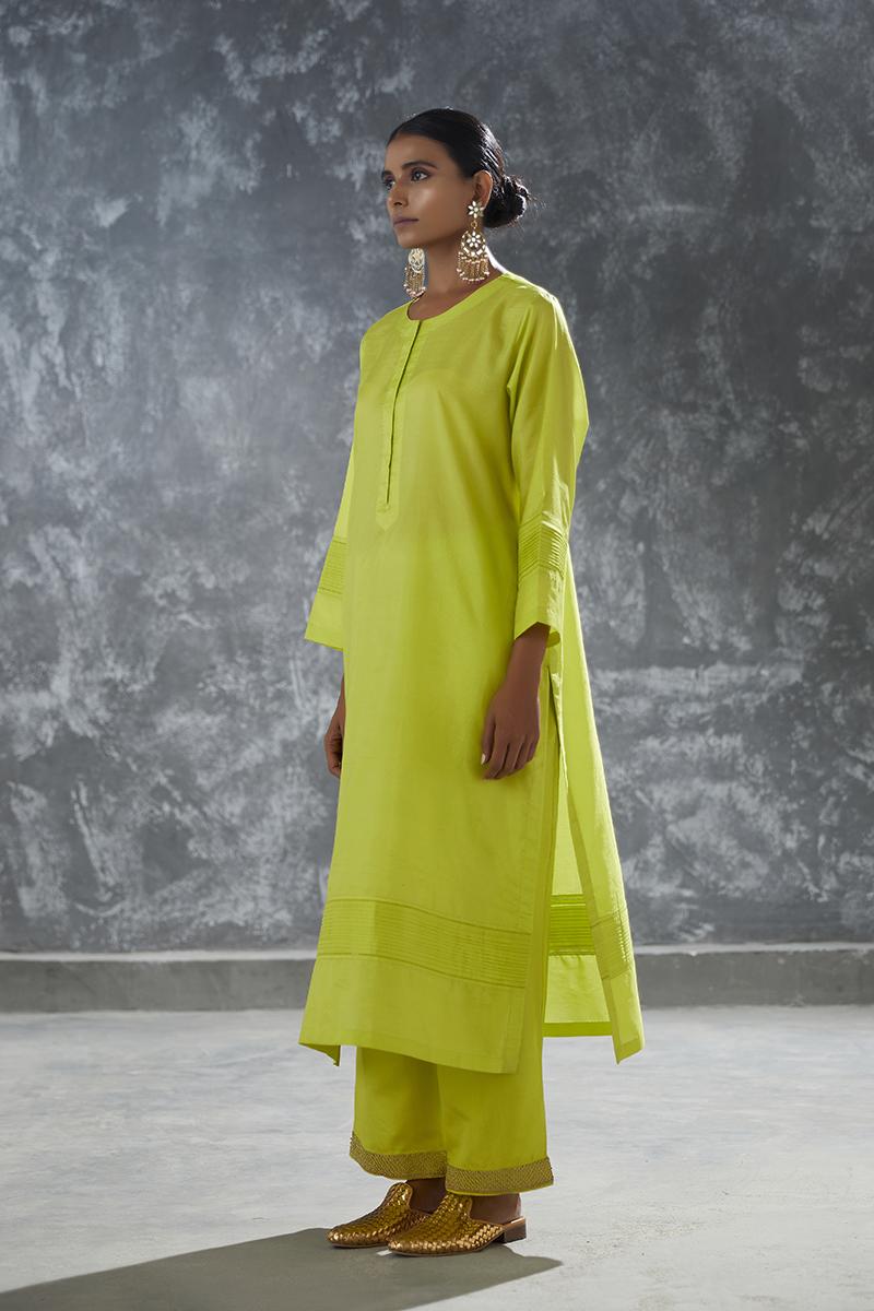 lime French knot neck silk tunic