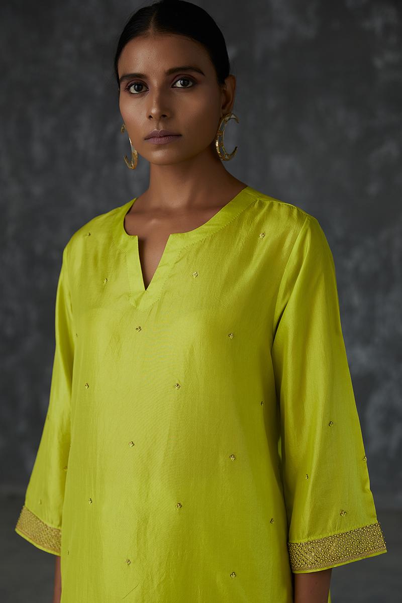 lime silk tunic french knots antique sequined work