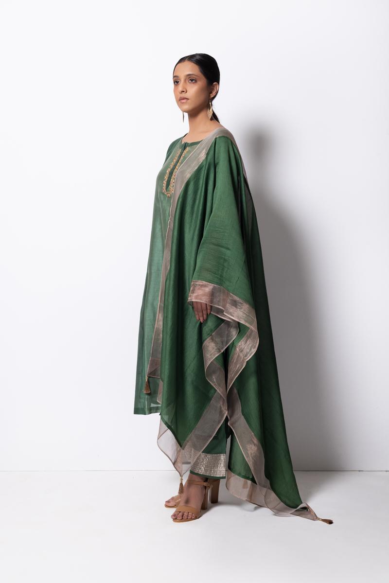 Beryl Green Chanderi Silk - Panelled Straight Kurta Set