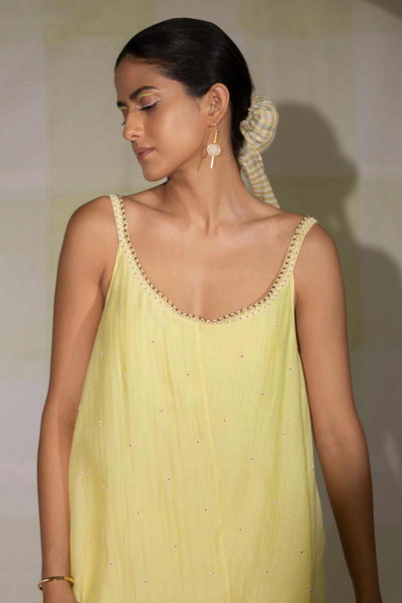 Lemon Yellow hand embroidered slip dress
