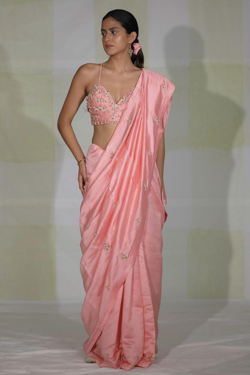 Chalk Pink hand embroidered phool guchha saree with bralet blouse
