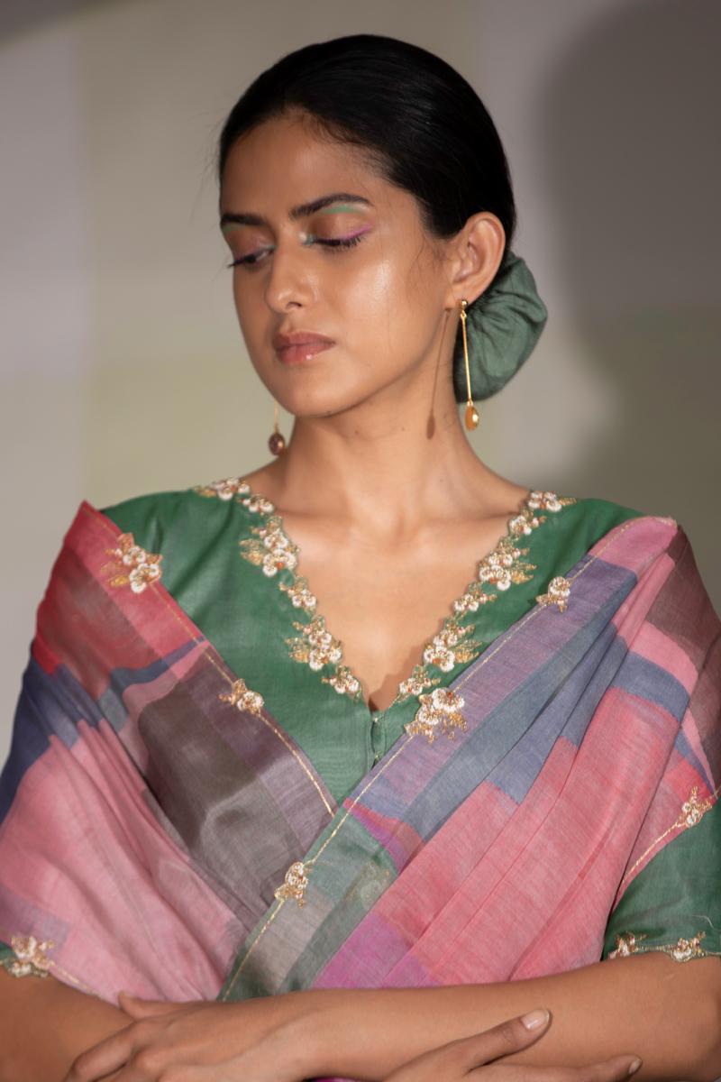 Multi color and green colour block hand embroidered saree with blouse