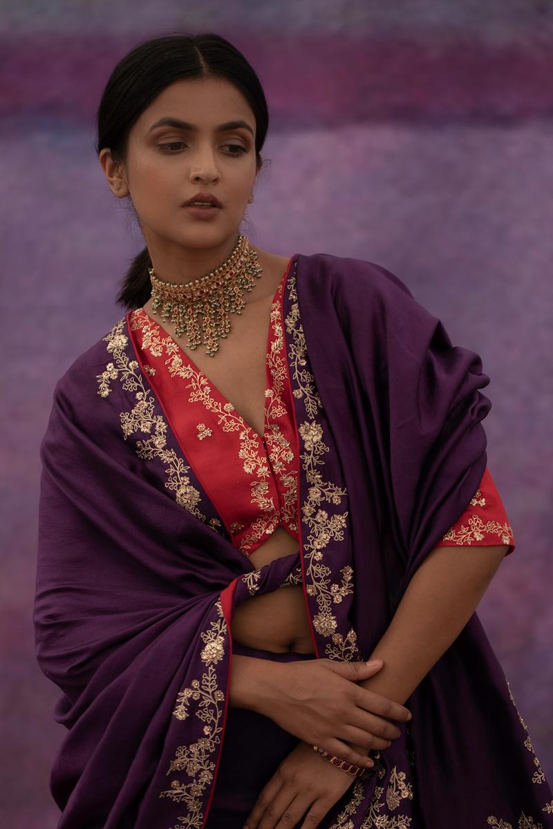Violet jaal hand embroidered saree with red blouse