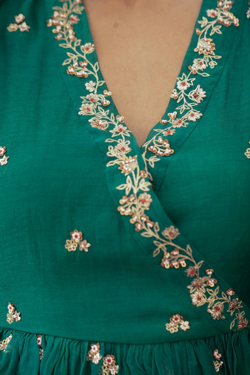 Green jaal and phool hand embroidered short angrakha set