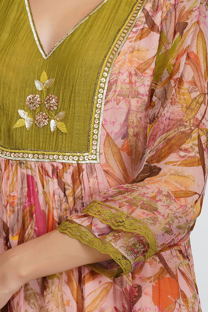 pink viscose chiffon and glace cotton sequin flower panelled tunic set