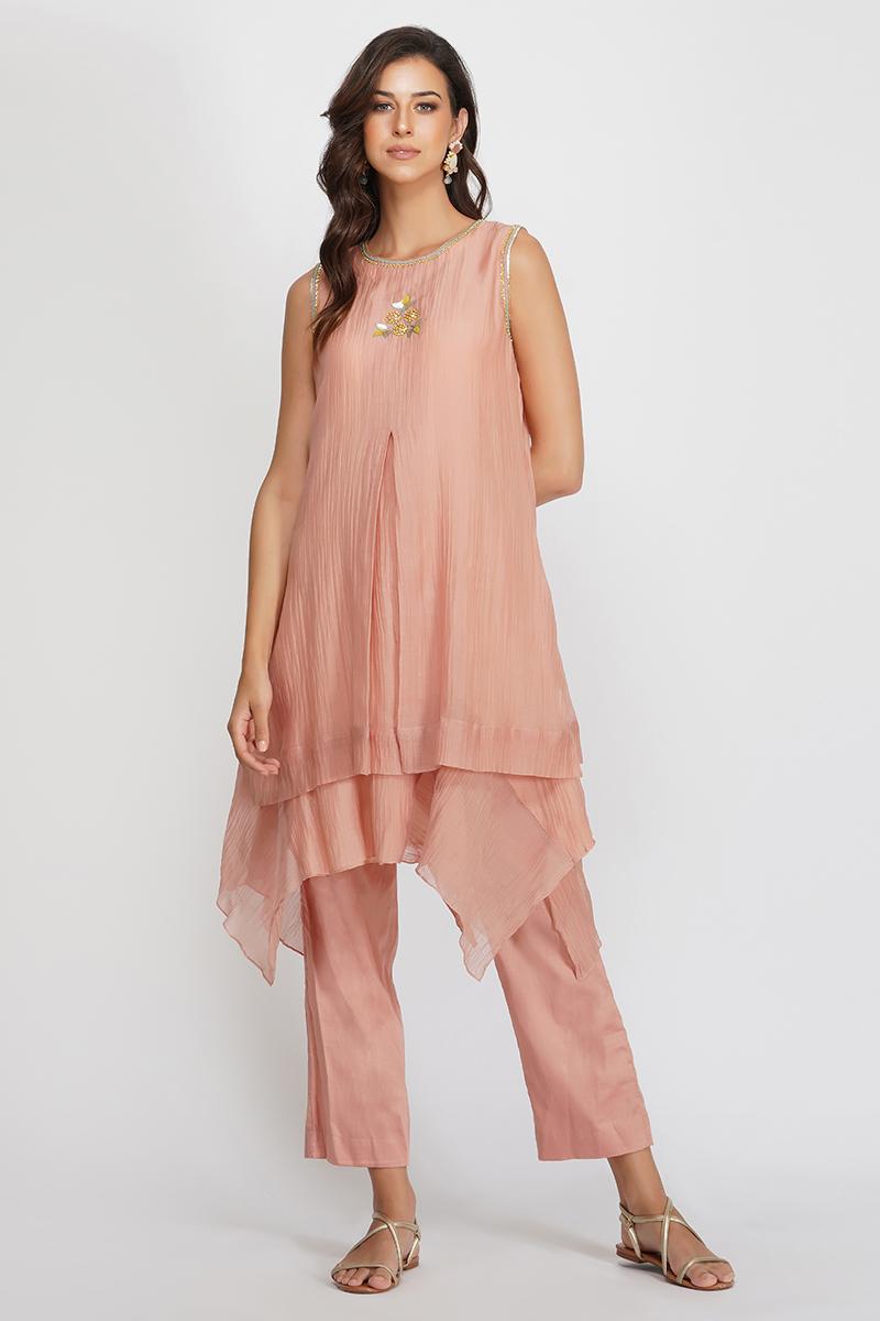 pink chanderi and glace cotton sequin flower asymmetrical tunic set