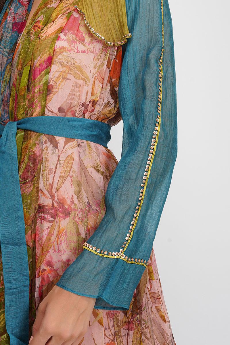 multi viscose chiffon and chanderi panelled scarf trench dress